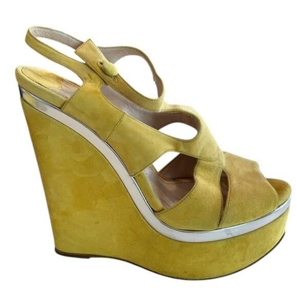 MIU MIU SUEDE WEDGE PLATFORM SANDALS SOLEIL Sz 37 1/2 Italy stamp COA U… - Picture 1 of 14